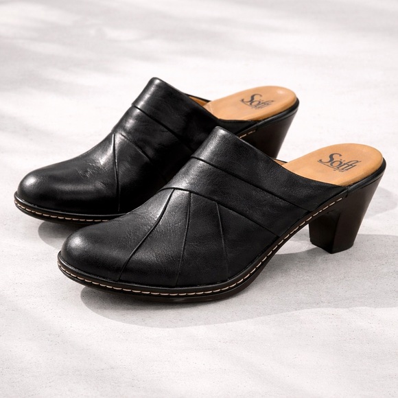 Sofft Shoes - Sofft Madrid Black Leather Heeled Mules Size 7 Comfortable Classic Slip-On Shoes